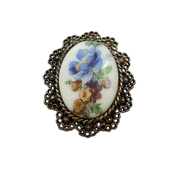 Floral Brooch Pin Pendant Vintage Oval Gold Tone Blue Purple Flower Design - Picture 3 of 10